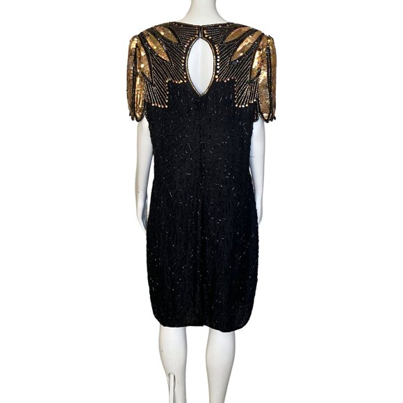 Vintage 80s 100% Silk Beaded Sequin Black Gold Cocktail Dress M/L Deco Flapper - Picture 5 of 15